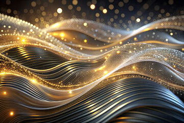 Abstract Swirl Striped Wave gold silver Magical Neon Transparent dot Lines on dark Background. AI Generative
