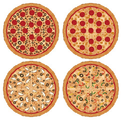 Four different pizzas with various toppings displayed.