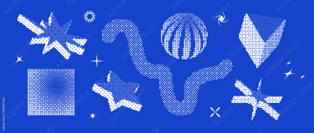 Poster Bitmap pixelated shape set. Dither halftone geometric object collection. White sphere, square, stars, sparkles, prism elements for banner, poster, leaflet. Pixel 3d raster effect bundle. Vector pack