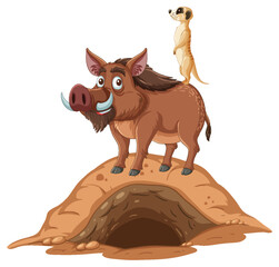 Cartoon meerkat and warthog standing on a dirt mound.