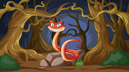 Cartoon snake with a sly smile in a dark forest.