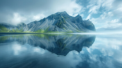  A mountain with reflection in the lake, calm water, beautiful scenery, sky and clouds. Created with Ai
