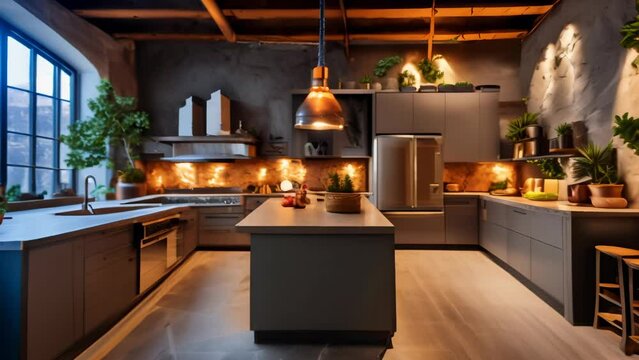 Spacious kitchen featuring exposed brick walls, rustic wood beams, and sleek gray cabinetry. Industrial pendant lights illuminate the space, while potted herbs add a fresh touch. 