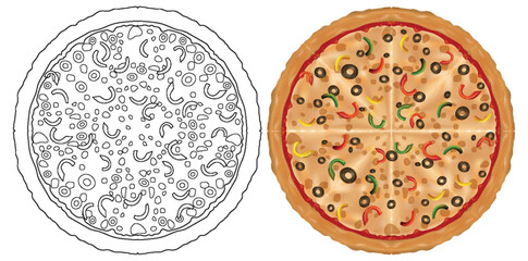 Vector illustration of an uncooked and cooked pizza.