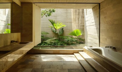 Minimal style bathroom with big window open to small courtyard