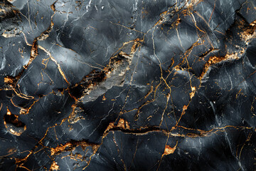 Black marble background with golden veins, dark blue and gold color palette. Created with Ai