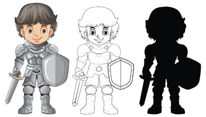Vector illustration of knight in color, outline, and silhouette.
