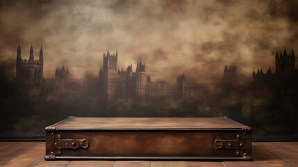 A wooden chest with a city background