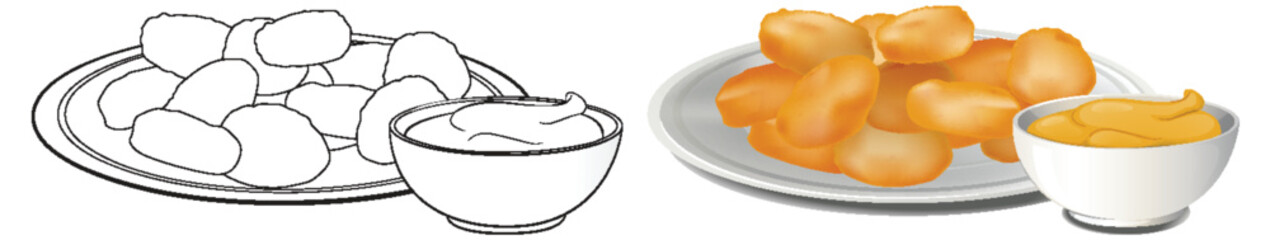 Plates of snacks with dipping sauces, vector art.