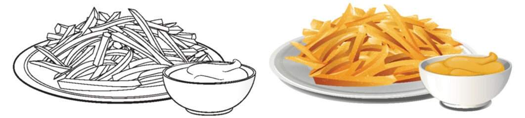 Vector illustration of French fries and sauces.