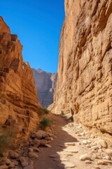 A dirt road winding between rocky cliffs in a desert landscape.