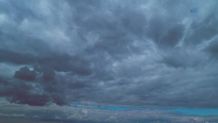 Dark Cloudscape Storm Disaster Gloomy Gray Sky. Sky Natural Background. Rainy Sky With Rain Heavy Clouds. - obrazy, fototapety, plakaty
