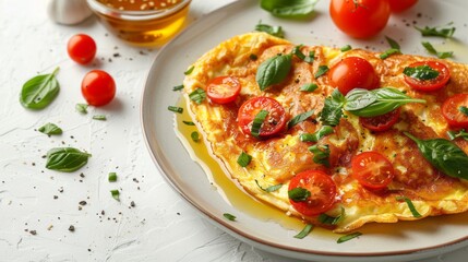 A delicious and healthy breakfast of eggs, cherry tomatoes, basil, and olive oil.