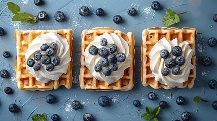 Top view of delicious waffles with fresh blueberries and whipped cream on blue textured background - obrazy, fototapety, plakaty