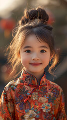 Close-up photo of a cute smiling Chinese girl Floral print clothes, very tall, outdoor background.