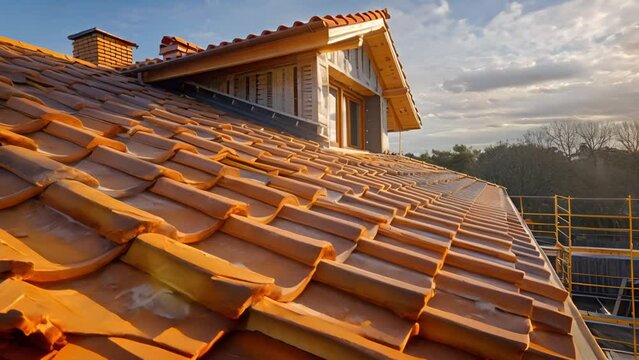 A close up of an orange tiled roof of a house with a dormer window
