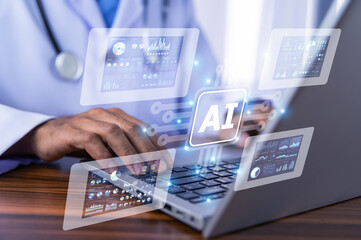 Doctor using AI Artificial intelligent for data analysis and document management.