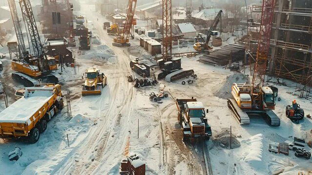 An aerial view of a construction site in the snow.