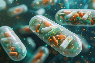An image of capsules containing swirling probiotics. Generative Ai