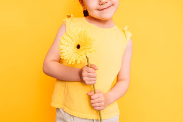 Little girl holding a yellow flower in front of a yellow background.