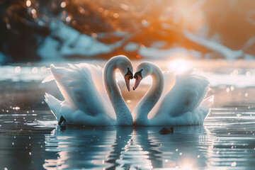 Two swans forming a heart shape in tranquil waters at sunset, Concept of love, pair bonding, and elegance in wildlife. - obrazy, fototapety, plakaty