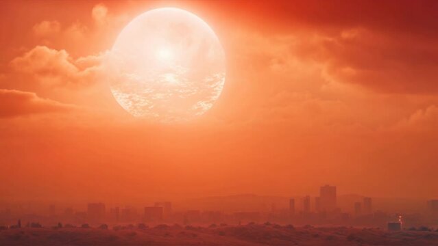 Heatwave hot sun. ,The sun or hot sun, Orange and red hues fill the sky as the sun dips below the city skyline at dusk,