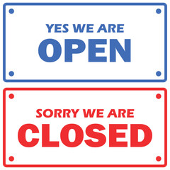 open close front shop sign blue and red outline colors