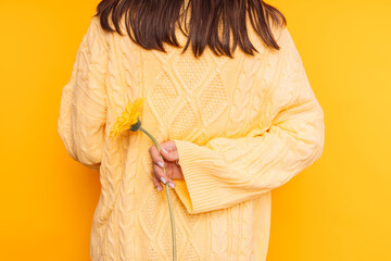 Lady holding a beautiful flower behind her back against a yellow background.