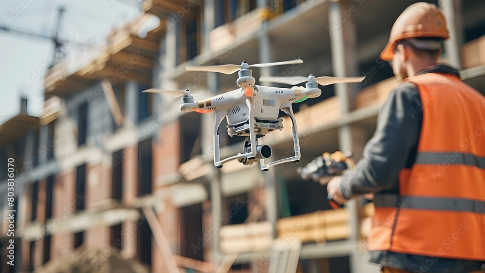 Poster engineer using drones for geospatial mapping in construction site aerial survey. concept drone techn