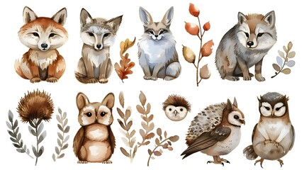 Watercolor Illustration Set Including Wolf, Hare, Hedgehog, Owl, and Bird