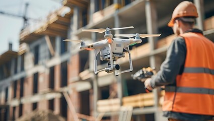 Engineer using drones for geospatial mapping in construction site aerial survey. Concept Drone...