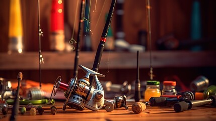 Fishing rod with accessories for fishing, hooks and bait on a wooden background.AI generated image - Powered by Adobe