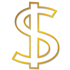Currency symbol white dollar and golden border and shadow on transparent background with isolation. png
