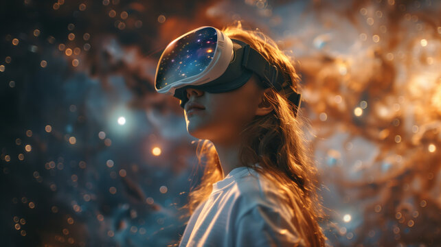education, a smart schoolgirl delves into the wonders of astronomy, donning VR glasses that transport her into a captivating simulation of the cosmos