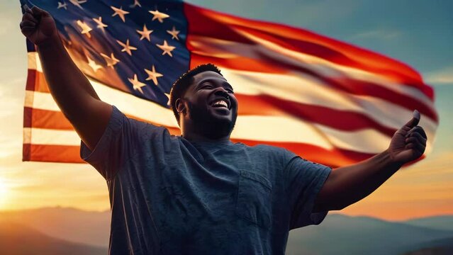 Happy plus size African American man with outstretched arms against background of American flag at sunset in mountains. Celebrating day of emancipation, Juneteenth, complete liberation from slavery. - Powered by Adobe