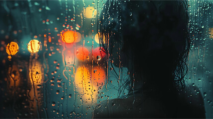  A lone figure standing by a rain-soaked window, staring out into the misty night, their silhouette blurred by tears.