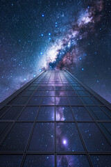 office building view from bottom with milky way above in the night sky. 