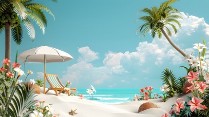 Summer podium display, Tropical beach scene with palm trees, sea, and blue sky