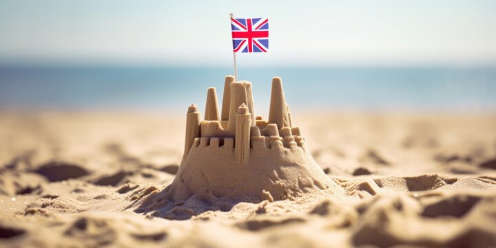 Sand castle on the coast with the flag of England. Generative AI.