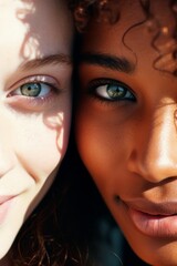 Vertical portrait of two multiracial friends. They press face to face. Generative AI.