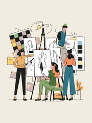 Visual Illustration of a Team of Fashion Designers Sketching New Collections Surrounded by Fabric Swatches and Mood Boards, Vector Format