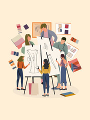 Team of Fashion Designers Sketching New Collections Surrounded by Fabric Swatches and Mood Boards, Vector Illustration