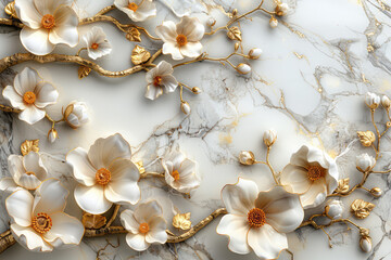 Obraz na płótnie Canvas 3D Elegant Floral Flowers on marble background with gold leaves and white flowers. Created with Ai