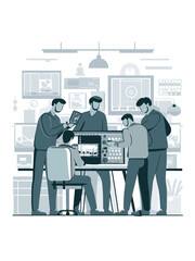 Graphic Representation of a Team of Filmmakers Reviewing Footage in an Editing Suite Filled With Screens and Equipment, Vector Illustartion Style