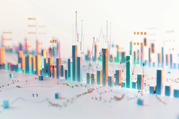 Abstract 3D Financial Cityscape Model with Colorful Buildings and Overlaid Dynamic Market Graphs - obrazy, fototapety, plakaty