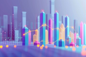 Futuristic 3D cityscape with colorful buildings and overlaid glowing stock market graphs.