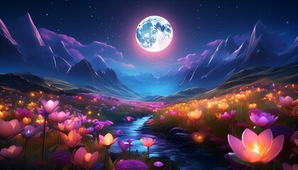 "Moonlit Oasis: Glowing Flowers in the Enchanted Valley"






