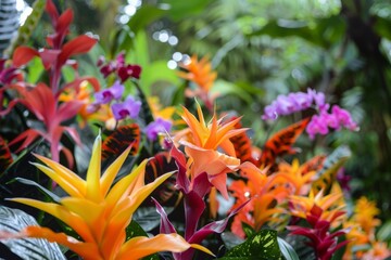 Marvel at the vibrant colors of exotic flowers that bloom in the rainforest, their petals adorned...
