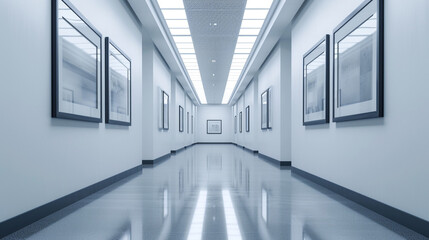 A hallway with recessed lighting, showcasing a series of framed black-and-white photographs against a pristine white wall.
