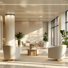 3D rendering captures a bright, welcoming office lobby with cozy, modern furnishings